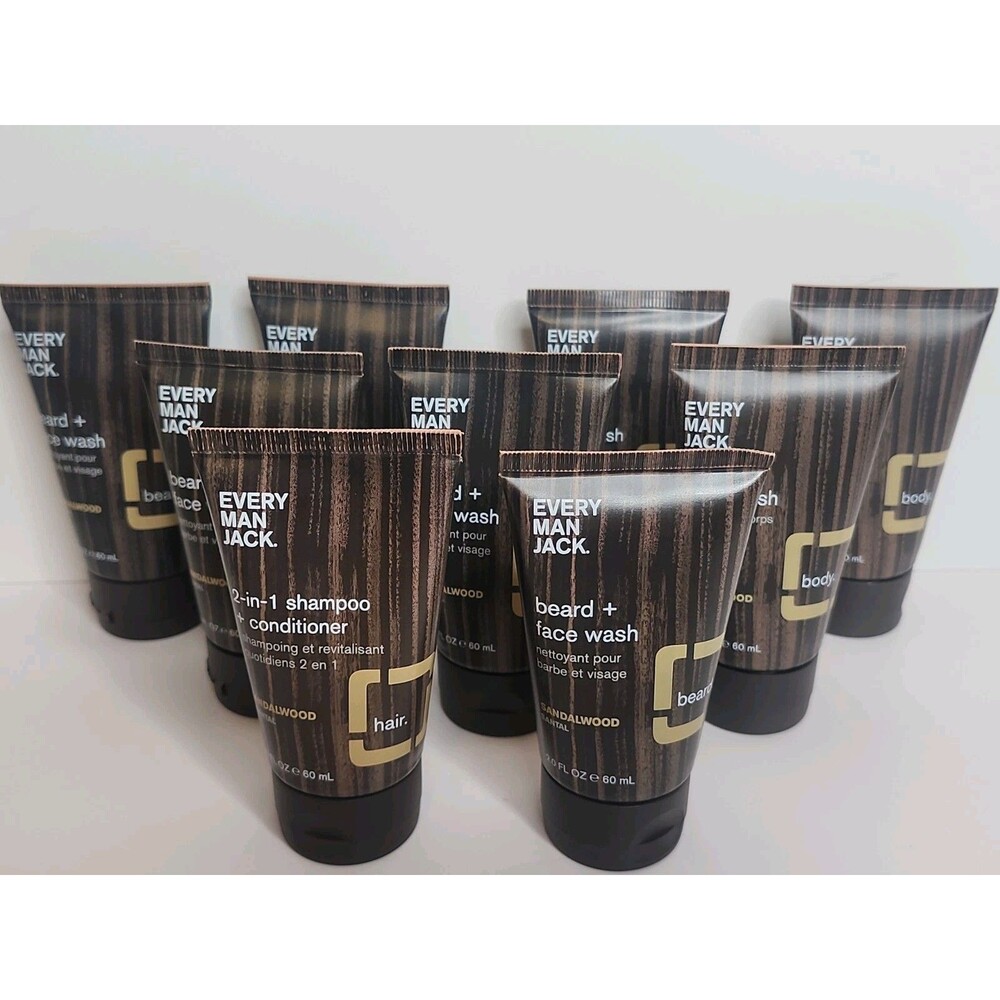 9 Piece Every Man Jack Travel Size Lot 6 Beard + Face Wash 2 Body Wash 1 Shampoo